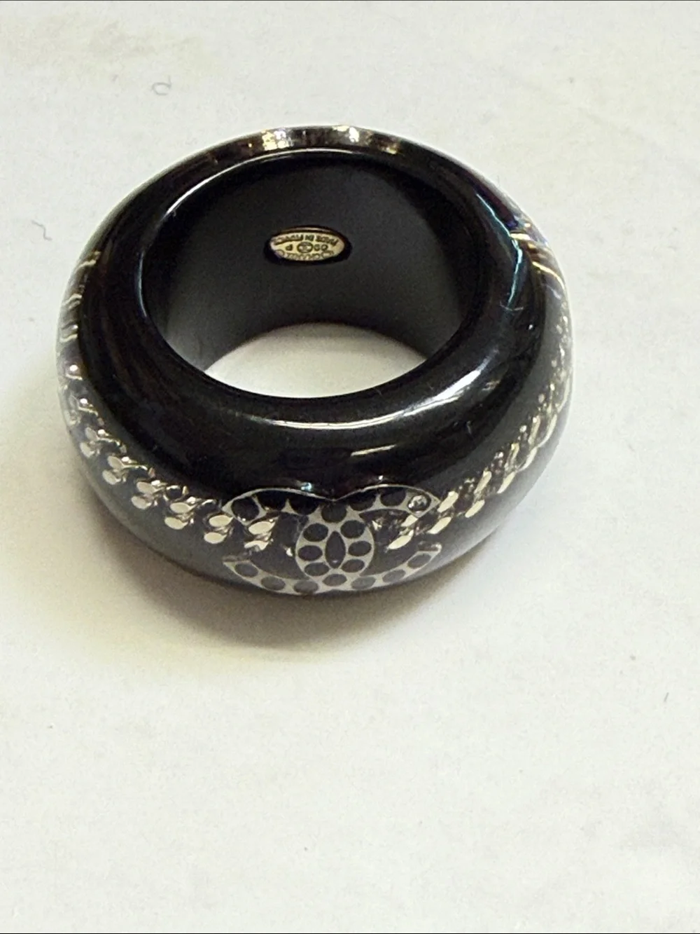 CHANEL Black Resin Dome Ring with Silver Motif